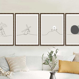 Set of 4 Christian Easter Wall Decor Christian Modern Apartment Easter Prints He is Risen Wall Decor Salvation Illustrations Wall Art