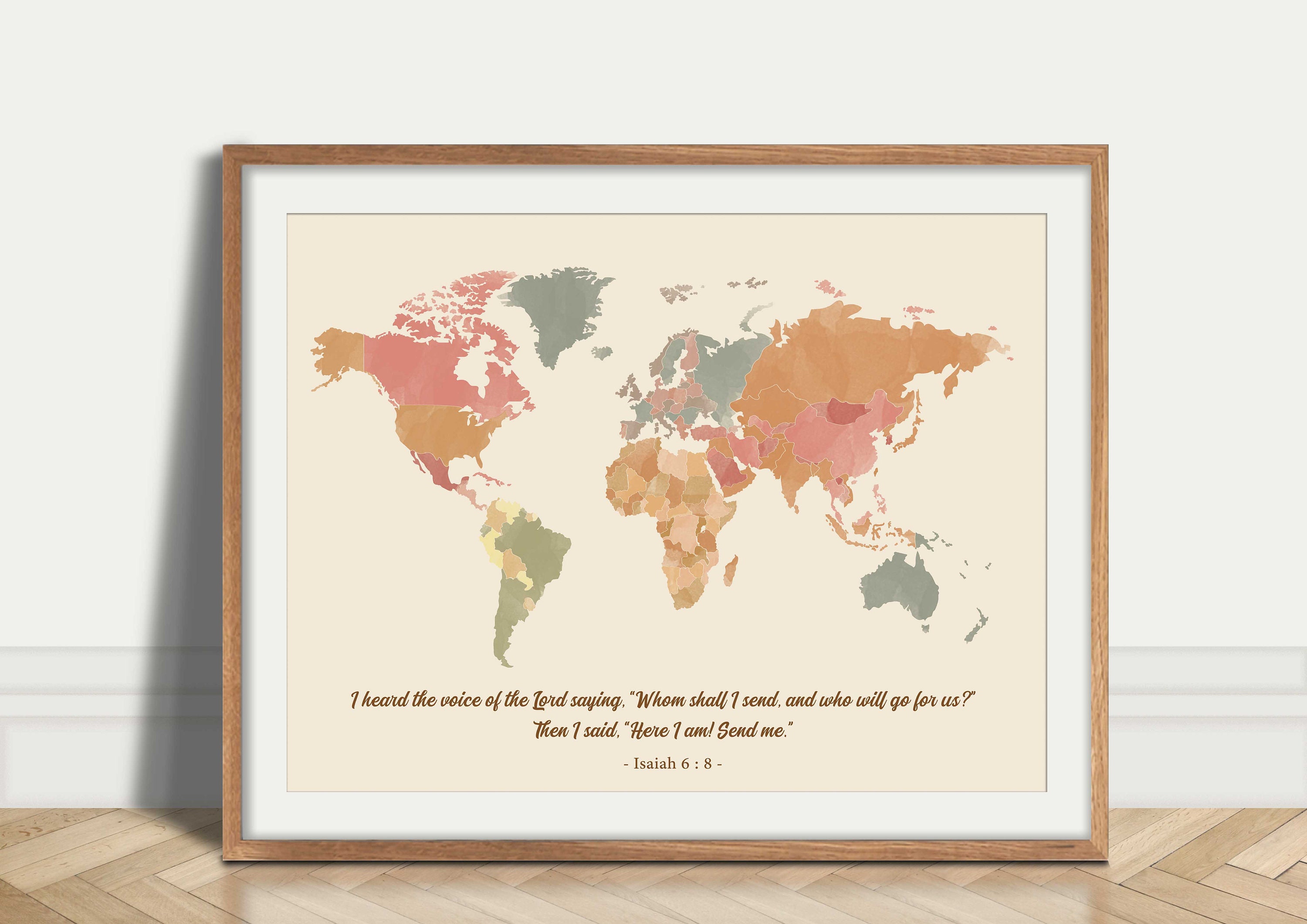 Earth Toned World Map Bible Verse Prints, DIGITAL DOWNLOAD, Horizontal World Map, Modern Christian Wall Art, Farm House Decor, Godly Gifts