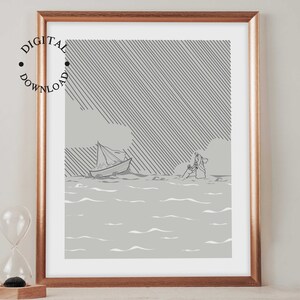 Vintage Sketch of Jesus Walk On Water Minimalist Christian Wall Decor Jesus Art Modern Biblical Printable Church Prayer Room Decor