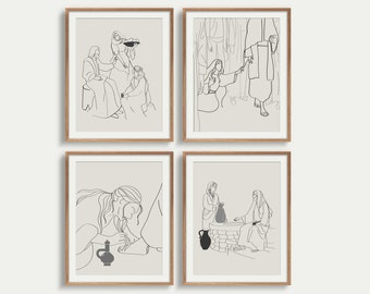 Set of 4 Woman in The Bible Prints DIGITAL DOWNLOAD Biblical Woman Line Art Bible Art Godly Gift for Woman Christian Home Decor Church