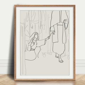Woman Touches Jesus Hem, Minimalist Christian Art, DIGITAL DOWNLOAD, Jesus Heals Woman, Biblical Woman Art, Church Decor, Faith, Godly Gift