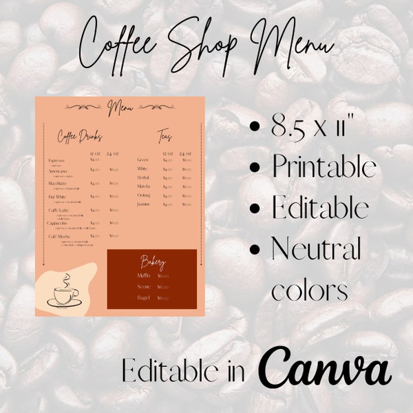 Coffee Menu | Printable and Editable Coffee Shop Menu | Neutral Color Coffee Menu Display for Display | Editable Template in Canva