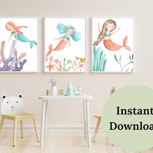 MERMAID NURSERY DECOR , Set of 3 Prints , Mermaid Nursery , Mermaid Wall Decor