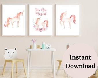 May include: Three printable wall art prints featuring pink and white unicorns with the text "You Are Magical" on the middle print.