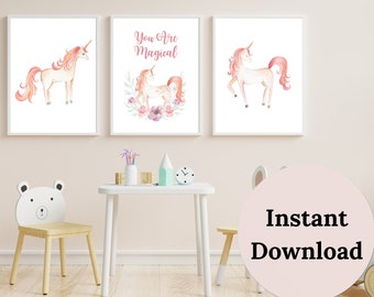 UNICORN NURSERY PRINT , Set of 3 prints , Unicorn Wall Decor ,