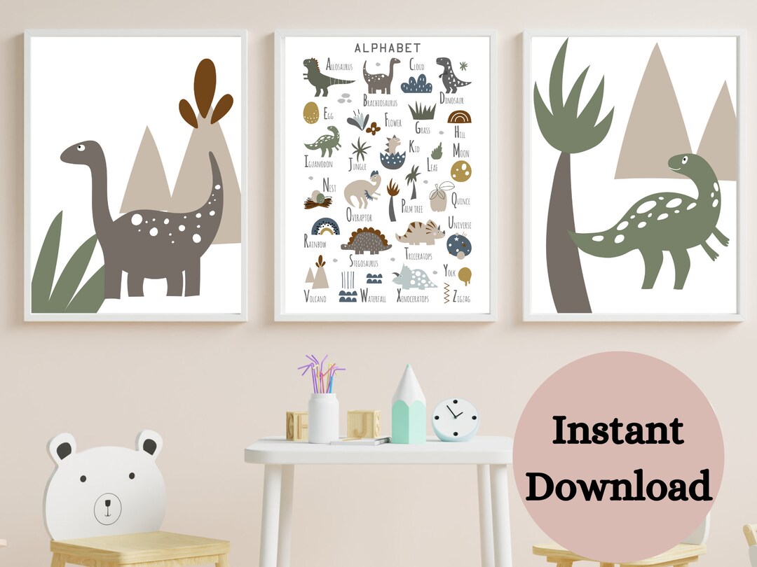 DINOSAUR WALL ART , Nursery Alphabet Print , Set of 3 Prints , Dinosaur ...