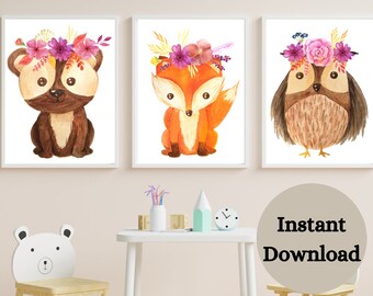 BABY ANIMAL PRINT Set , Set of 3 prints , Woodland Nursery Decor , Nursery Wall Art