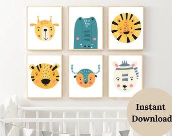 May include: Set of six printable nursery art prints featuring colorful cartoon animal faces. The animals include a giraffe, crocodile, tiger, zebra, bull, and another tiger. The prints have a white background and are framed in a light wood frame.