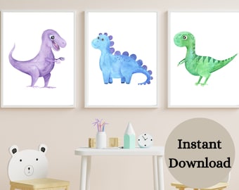 DINOSAUR PRINT ART, estampas de alfabeto para berçário, conjunto de 3 estampas para berçário, berçário de dinossauro