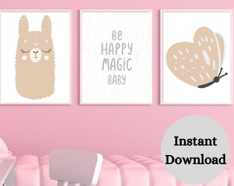 BOHO GIRL NURSERY Art , Nursery Print Set of 3 ,   Boho Art Print , Dusty Rose Nursery Decor