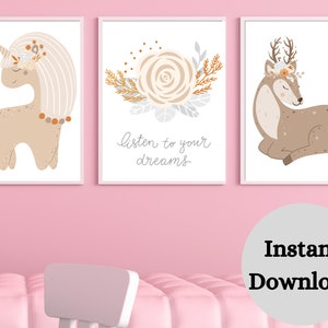 UNICORN NURSERY DECOR , Girl Floral Prints Nursery , Boho Nursery Decor Girl , Nursery Print Set of 3