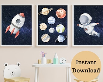 NURSERY A TEMA SPAZIALE, Arredamento della scuola materna spaziale, Set di 3 stampe, Scuola materna dello spazio esterno