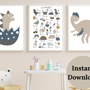 DINOSAUR WALL ART , Nursery Alphabet Print , Set of 3 prints , Dinosaur Nursery , Dinosaur Prints
