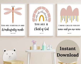 BIBLE VERSE PRINTABLE , Nursery print set of 3 , Bible Verse Wall Art , Boho girl nursery art