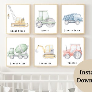 TRUCK WALL ART , Construction Decor , Set of 6 prints , Boys room decor , Toddler Room Decor