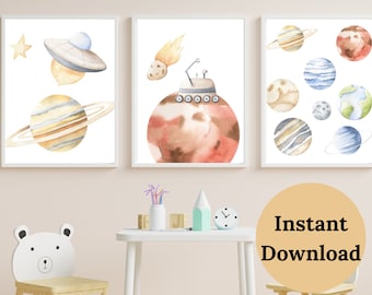 NURSERY A TEMA SPAZIALE, Arredamento della scuola materna spaziale, Set di 3 stampe, Scuola materna dello spazio esterno