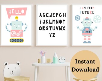 NURSERY ALPHABET PRINT , robot nursery , nursery wall decor