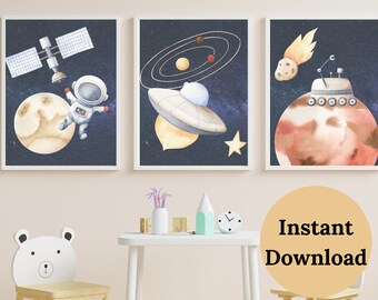 NURSERY A TEMA SPAZIALE, Arredamento della scuola materna spaziale, Set di 3 stampe, Scuola materna dello spazio esterno
