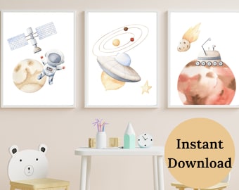NURSERY A TEMA SPAZIALE, Arredamento della scuola materna spaziale, Set di 3 stampe, Scuola materna dello spazio esterno