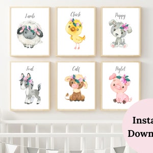 BABY FARM ANIMAL nursery decor , set of 6 prints , Farm Animal Prints , gallery wall set