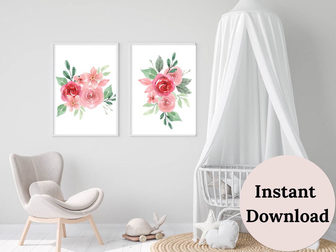 GIRL FLORAL PRINTS Nursery , Set of 2 Prints , Dusty Rose Nursery Decor ...