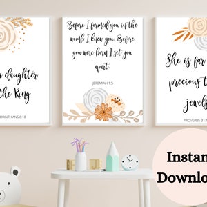 BIBLE VERSE PRINTABLE , Nursery print set of 3 , Bible Verse Wall Art , Girl Floral Prints Nursery