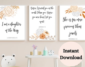BIBLE VERSE IMPRIMIBLE , Vivero impreso conjunto de 3, Bible Verse Wall Art , Niña Floral Prints Nursery