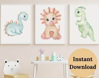 IMPRESSÃO DE QUARTO DE DINOSSAURO, arte de parede de dinossauro, conjunto de 3 estampas de berçário, berçário de dinossauro
