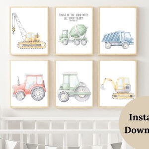 TRUCK WALL ART , Construction Decor , Set of 6 prints , Boys room decor , Toddler Room Decor