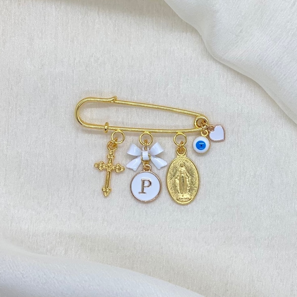 Personalised Baby Pin, Virgin Mary Safety Pin, Cross Stroller Pin, Baptism Keepsake Pin