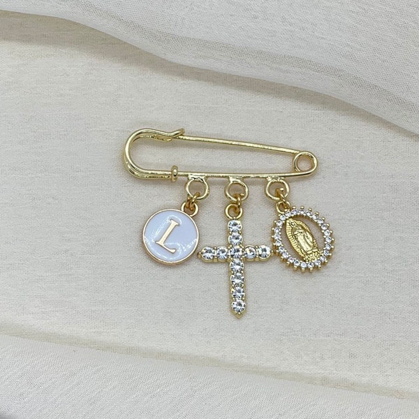 Personalised Mini Baby Pin, Virgin Mary Safety Pin, Cross Stroller Pin, Baptism Keepsake Pin