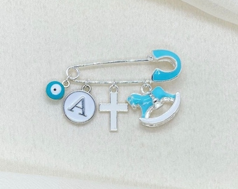Personalised Baby Pin, Small Safety Pin, Customised Stroller Pin, Blue Silver Keepsake Pin