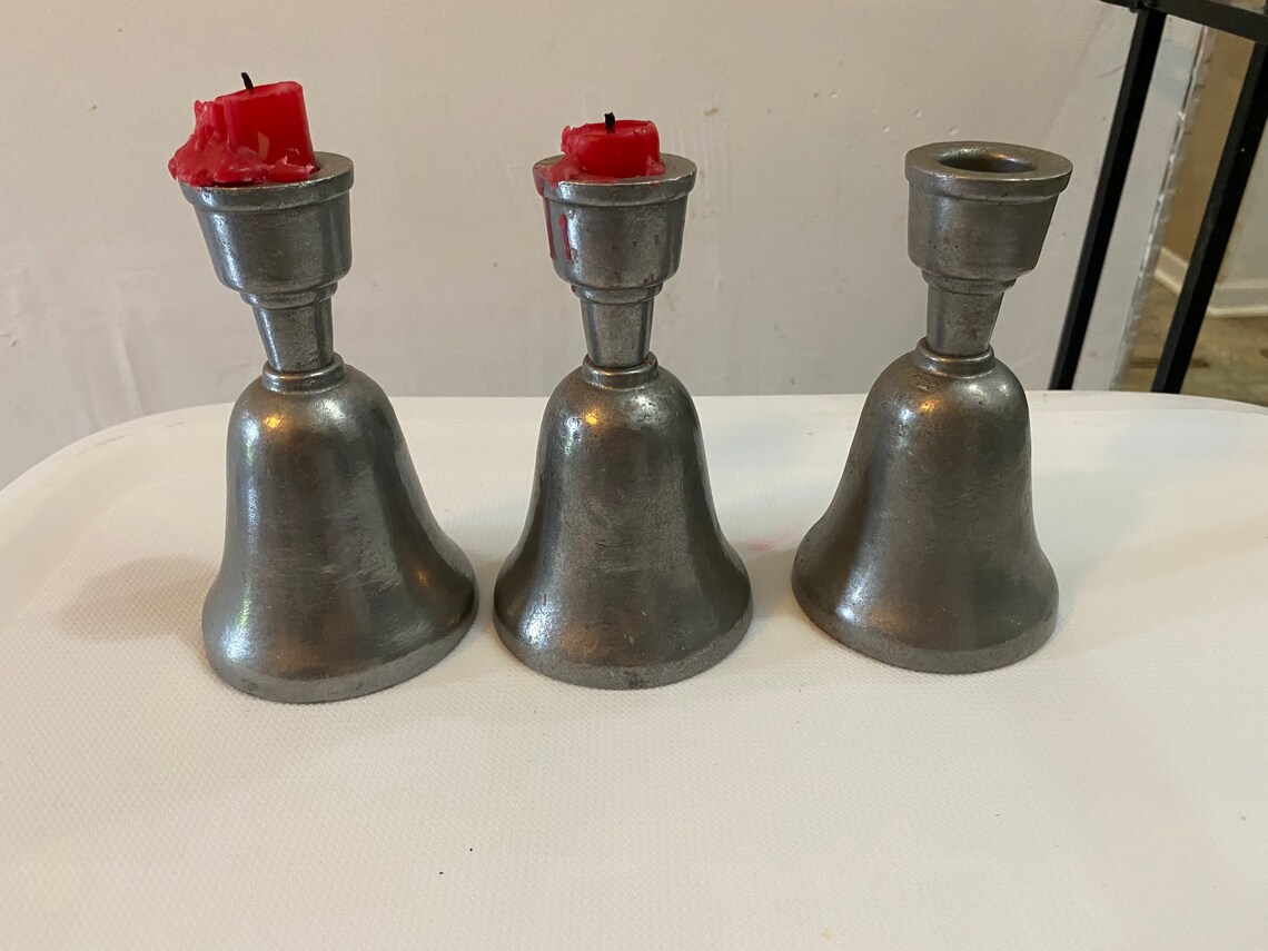 Set of 3 Pewter Bell Candle Holders Etsy