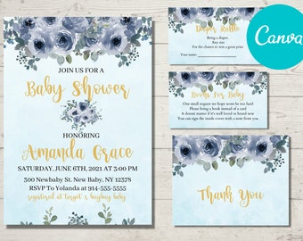Blue Floral Baby Shower Invitation, Cute Baby Shower Invitations For Boys, Baby Boy Shower Invitations, It's a boy invite, greenery shower