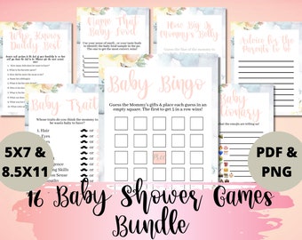 Girl Baby Shower Games Bundle, Baby Shower Printable, Pink Floral Baby Shower Instant Download, Party Game, Baby Shower Game Package