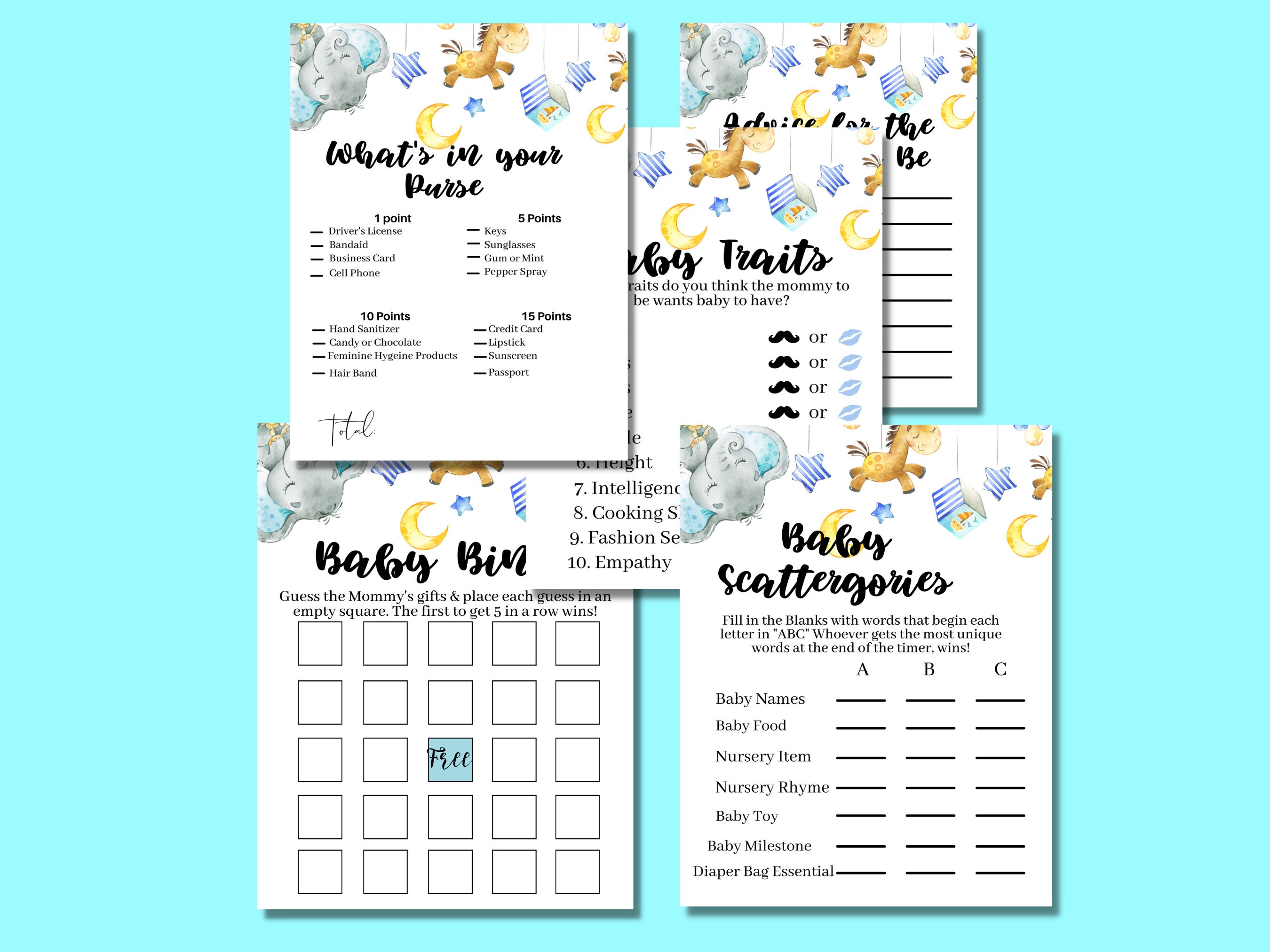 Boy Elephant Baby Shower Games Bundle, Printable, Elephant Baby Shower ...