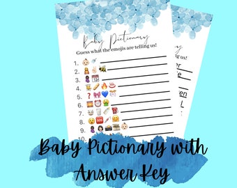 Gioco Emoji Baby Shower, Attività stampabile del gioco Boy Baby Shower, boho baby shower emoji pictionary boy card, Giochi Emoji per ragazzi