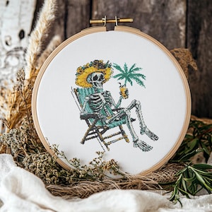 Enjoying Skeleton Cross Stitch Pattern: Beach Vacation (PDF Pattern)