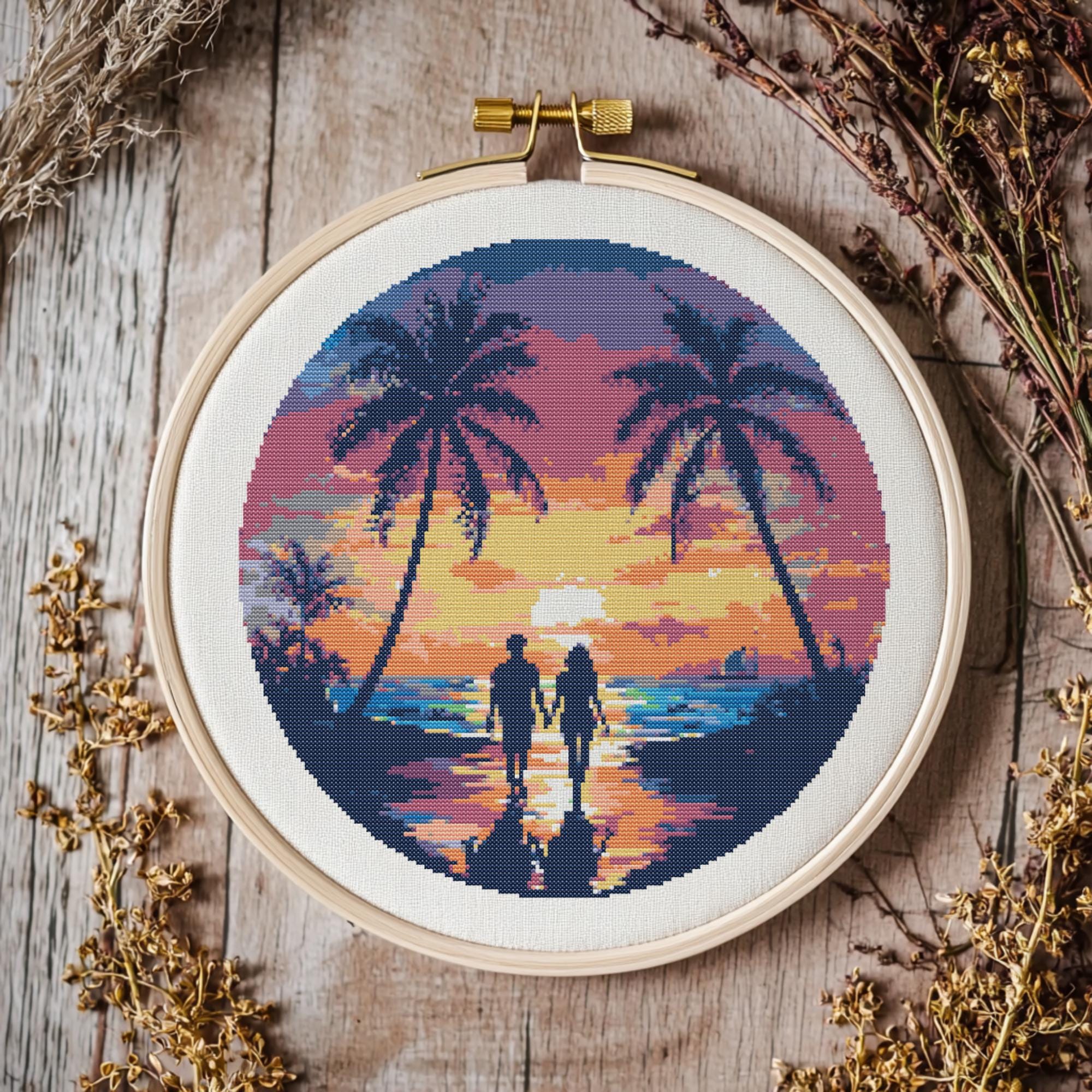 Couple With Sunset Cross Stitch Pattern, Sunset Stitch Pattern