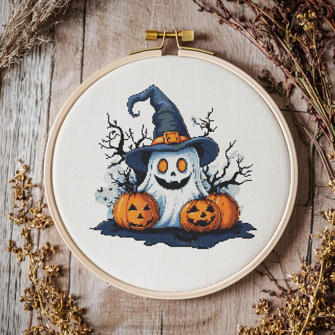 Ghost With Pumpkin Cross Stitch Pattern, Halloween Stitch Pattern ...