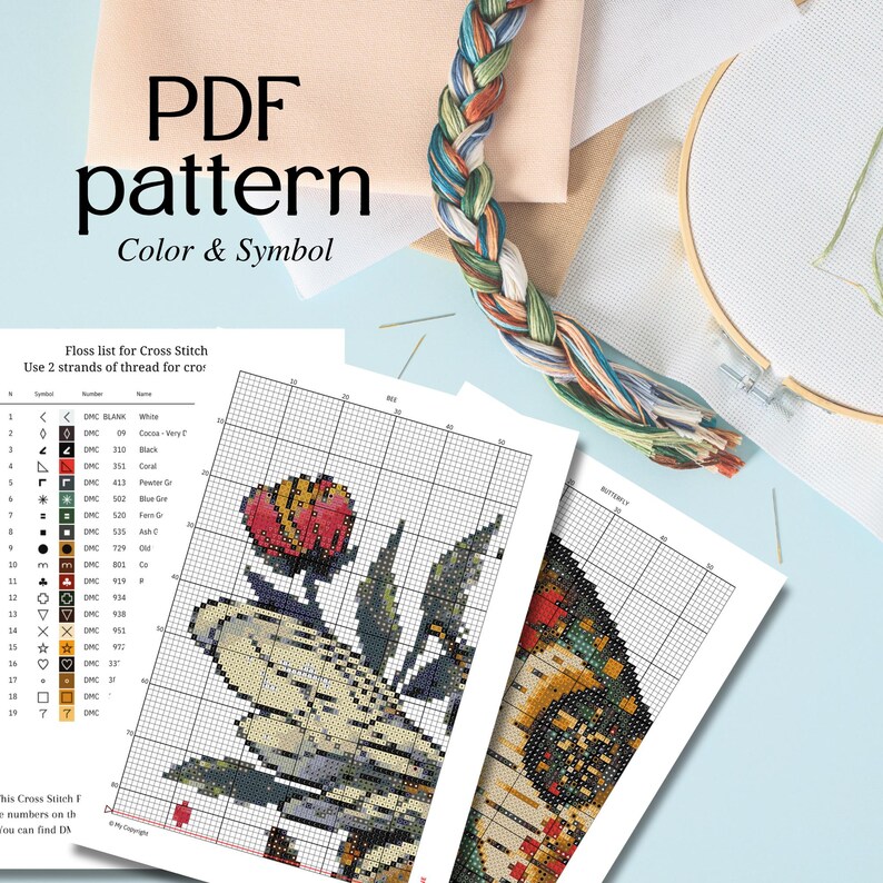 K&ouml;nnte beinhalten: Ein Kreuzstich-PDF-Muster mit dem Text "PDF pattern Color & Symbol". Das Bild zeigt ein gedrucktes Muster mit einem Schmetterlingsdesign, eine Liste der Garnfarben, Stickgarn und einen Stickrahmen.