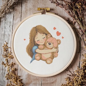Girl Hugging A Doll Cross stitch Pattern, Girl Hugging A Doll Cross Stitch, Cross Stitch Pattern, cross stitch kit, PDF Pattern