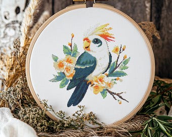 オカメインコのクロスステッチパターン - リアルな鳥の刺繍デザイン