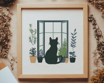 May include: A black cat silhouette sits in a window looking out at a garden with potted plants. The window is framed in wood and the background is a white wall.