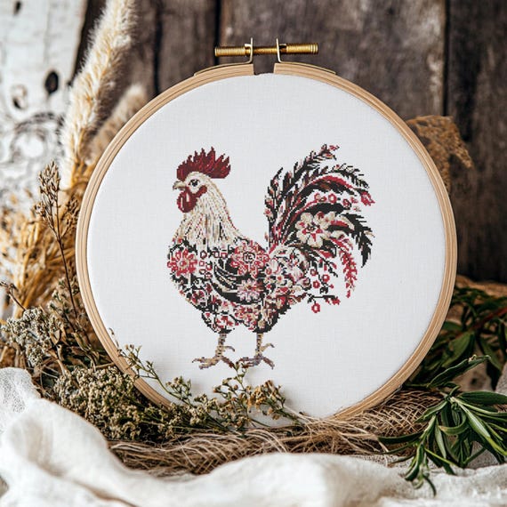 Kit Carte à Broder Au Point De Croix - L'année Du Coq - Luca-S