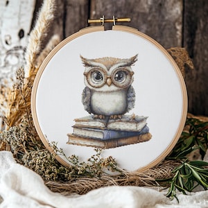 Può includere: Un gufo bianco con occhiali rotondi è seduto su una pila di libri. Il gufo ha occhi marroni e un becco marrone chiaro. I libri sono marroni, blu e bianchi.
