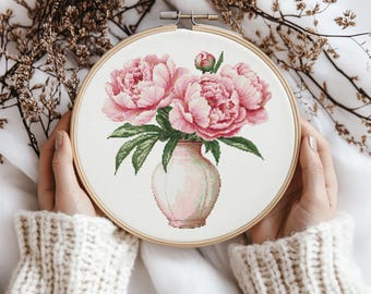 Peonies in Vase Cross Stitch Pattern: Floral Cross Stitch, Cross Stitch Pattern, cross stitch kit, PDF Pattern