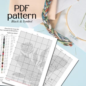 K&ouml;nnte beinhalten: Ein Kreuzstich-PDF-Muster mit dem Text "PDF pattern Black & Symbol". Das Bild zeigt ein gedrucktes Muster, Stickgarn und einen Stickrahmen. Das Muster enth&auml;lt eine Garnliste und ein Raster zum Sticken.
