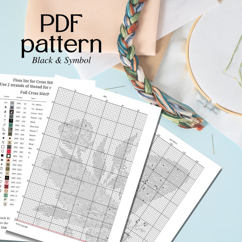 K&ouml;nnte beinhalten: Ein Kreuzstich-PDF-Muster mit dem Text "PDF pattern Black & Symbol". Das Bild zeigt ein gedrucktes Muster, Stickgarn und einen Stickrahmen. Das Muster enth&auml;lt eine Garnliste und ein Raster zum Sticken.