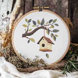 Birdhouse Cross Stitch Pattern: Rustic Tree Branch Design (PDF Pattern)
